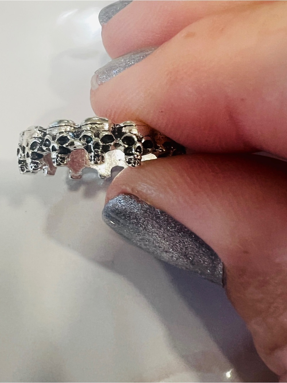 Silver Tone Metal Skull Theme Band Ring Size 7 - 5mm